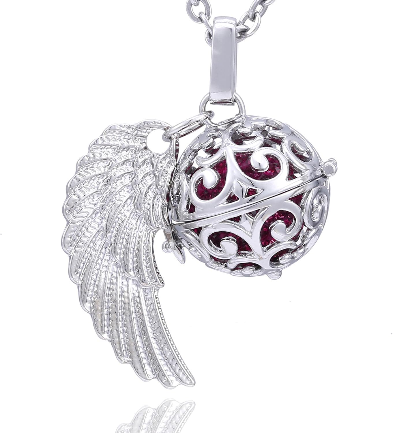 Morella Women Necklace Stainless Steel 70 cm 27,5" with Ornament with Angel Wing Pendant with Sound Ball Zirconia Purple diameter 16 mm 0,63" in a Velvet Jewelry Bag