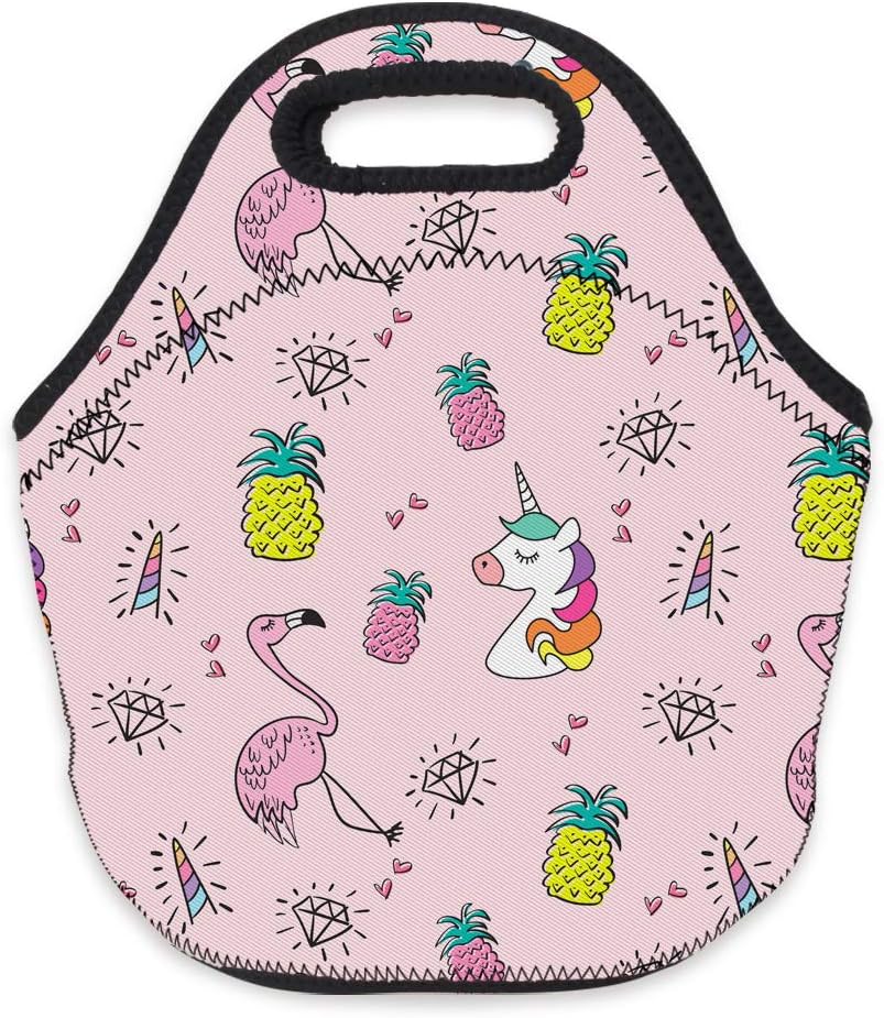 Neoprene Lunch Bag, Loomiloo Printed Insulated Lunch Box School Picnic Thermal Carrying Gourmet Food Container Organizer, Lunch Bags for Kids, Girls, Boys and Women（pink flamingo L73138）