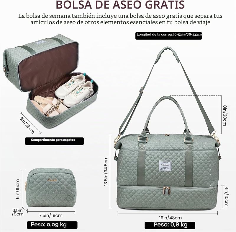 Bolsa de Viaje Mujer Bolsa Deporte Mujer Grande Maletas de Cabina Avion Travel Duffle Bag Bolso Maternidad Hospital Equipaje de Mano con Neceser Organizador para Viaje Gym Playa Sauna