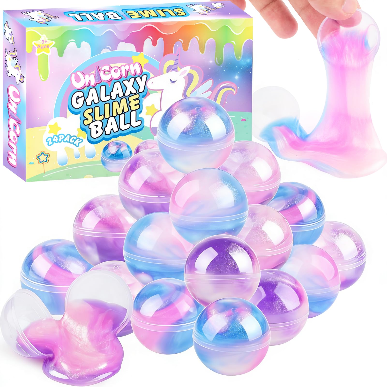 24 Pack Unicorn Galaxy Slime Balls, Slime Party Favors for Boys and Girls, Wet, Non-Sticky, Mess-Free, Stress Relief, Super Soft Toy for Kids, Birthday Gift, Goodie Bag Stuffers — image 1
