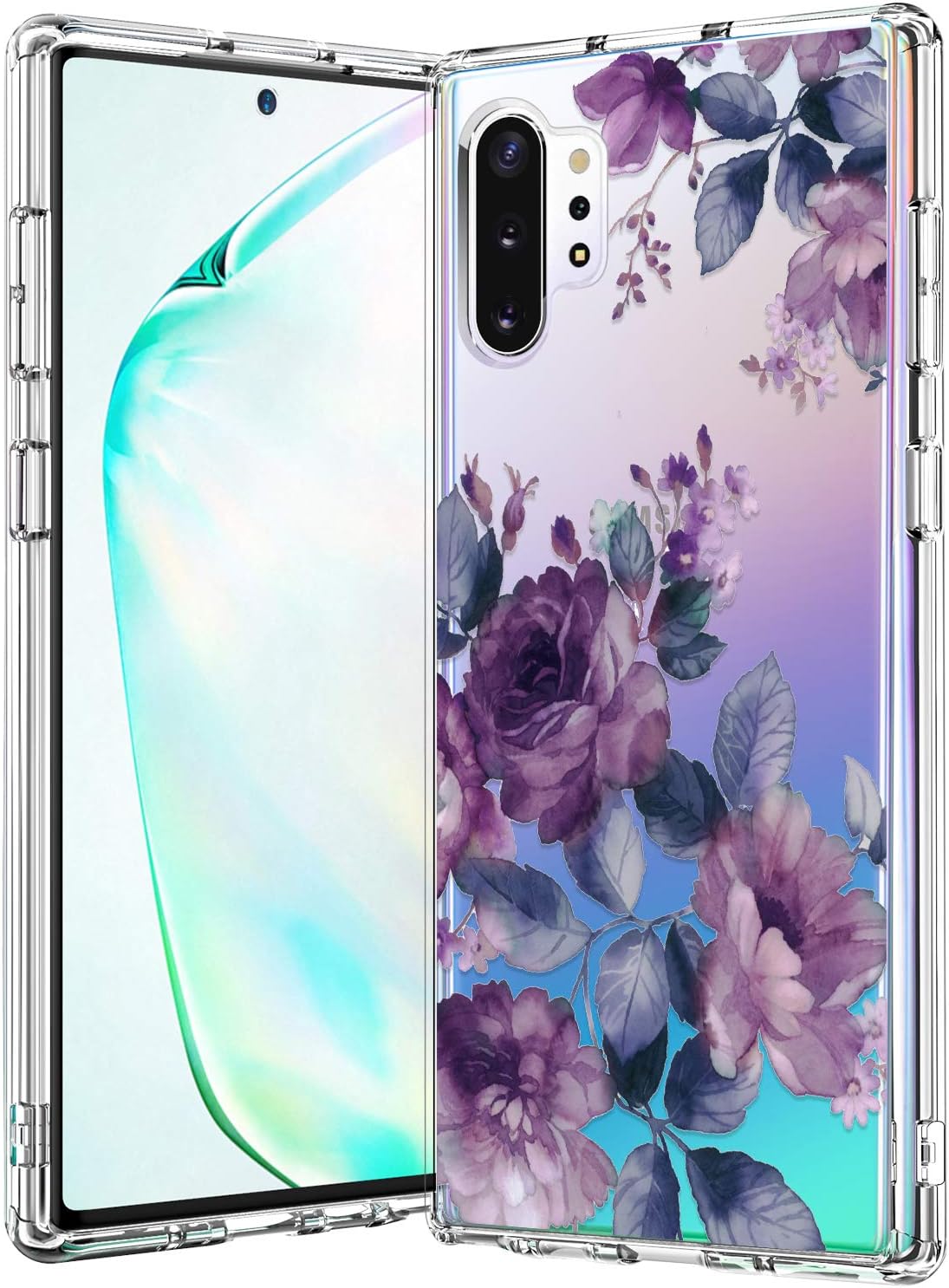 BICOL Galaxy Note 10 Plus Case,Elegant Purple Floral Flower Pattern Clear with Design for Girls Women Hard Back Cover with Soft TPU Bumper Protective Phone Case for Samsung Galaxy Note 10 Plus