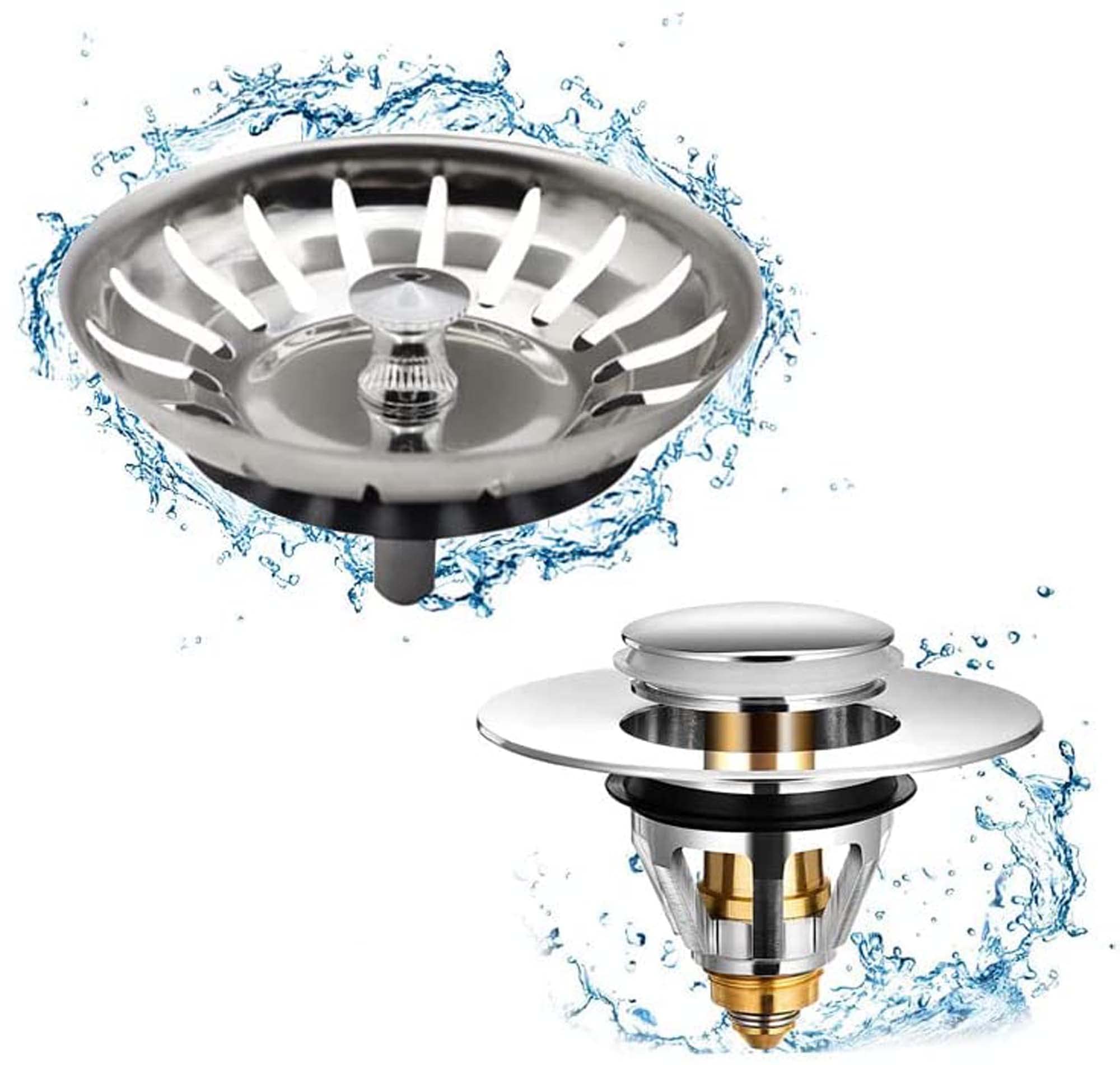 Bevy Designs Bathroom Sink Plug, Kitchen Sink Strainer | Universal Pop Up Sink Plugs Replacement, Bath Plug Push Style Stainless Steel Kitchen Sink Filter (Sink Plug + Strainer (Pack of 2))