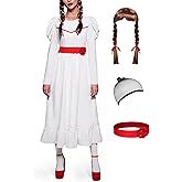 For G and PL Womens Halloween 4Pcs Scary Doll Costume White Horror Long Dress with Wig