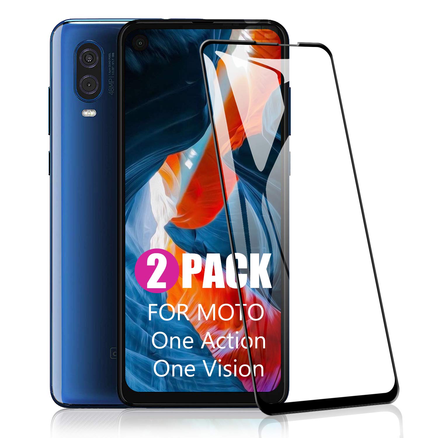 SCL Moto One Action Screen Protector for Motorola One Action, 3D Curved Full Coverage Dot Matrix Tempered Glass (2 Pack), Case Friendly Black Screen Protector for Motorola One Action