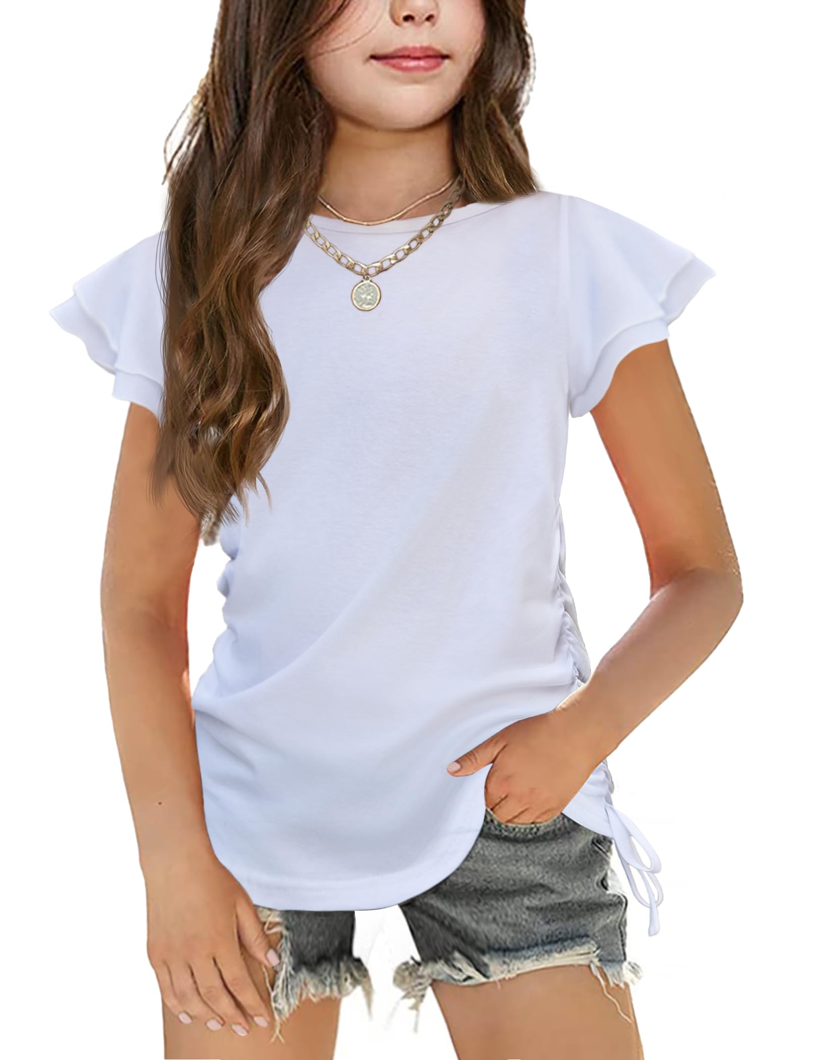 Photo 1 of Arshiner White T Shirts for Kids Summer Blouse Ruffle Sleeve Short Sleeve Soft Cute Fashion Top T Shirt Trendy Casual Blouses Tees 9-10 Years