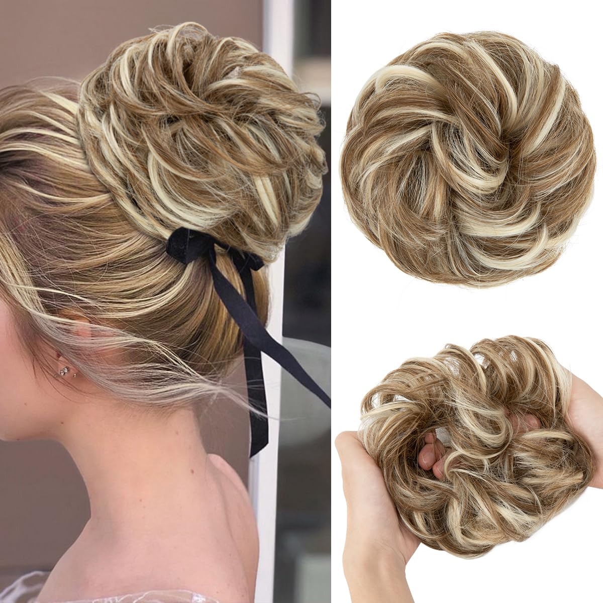 Photo 1 of CJL HAIR Large Messy Bun Hair Piece Wavy Curly Scrunchies Synthetic Chignon Ponytail Hair Extensions Thick Updo Hairpieces for Women Bahama Beige