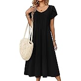 Zeagoo Women Midi Dresses for Summer 2026 Short Sleeve Casual Flowy Dress A Line Pleated V Neck Beach Sundress with Pockets