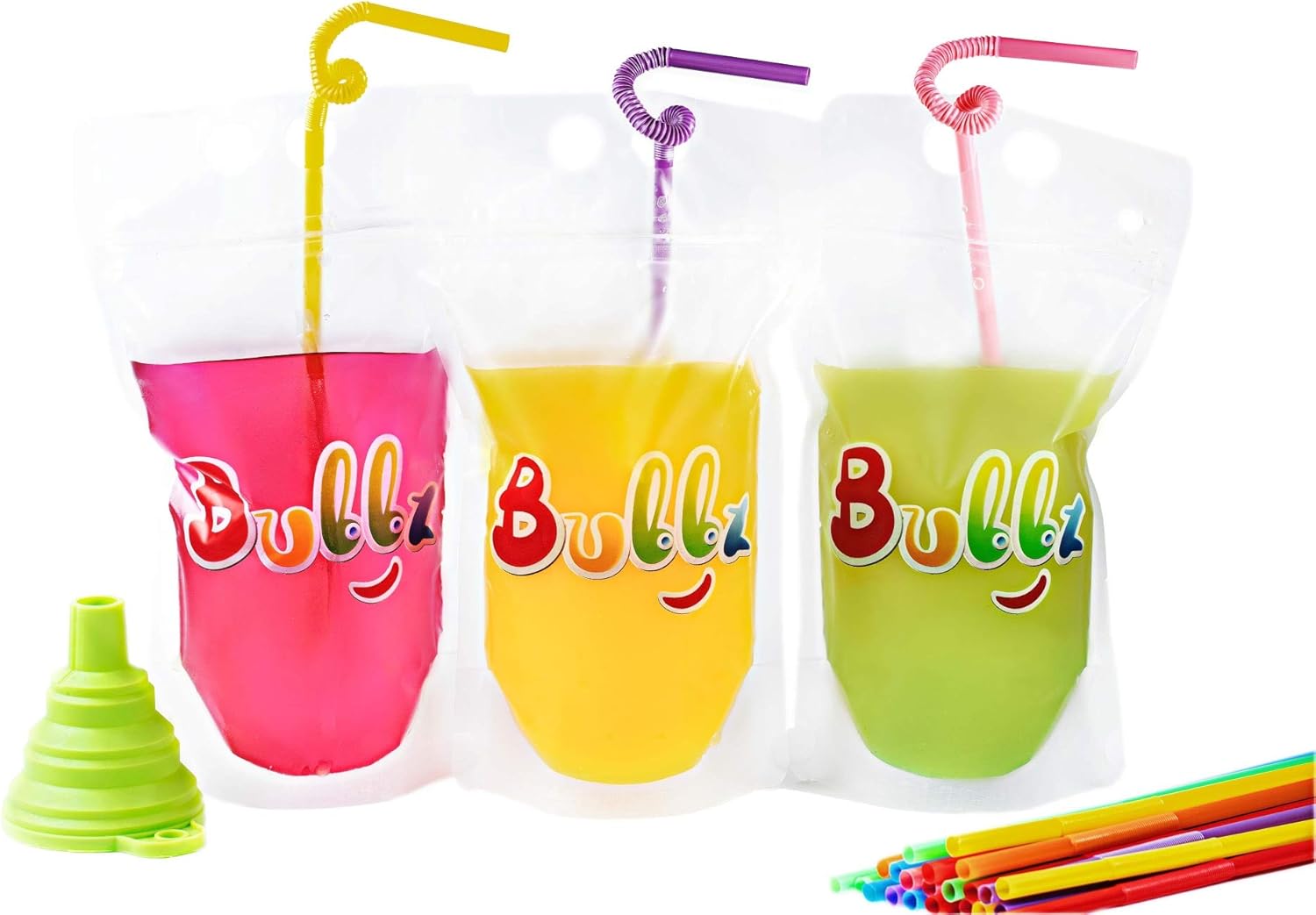 Bubbz 100 pcs reusable smoothie juice drink pouch clear bag with straws and funnel. Zip top sealable, refillable, collapsable with gusset. Food and drink. Hot and cold.