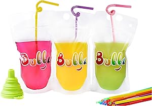 Bubbz 100 pcs reusable smoothie juice drink pouch clear bag with straws and funnel. Zip top sealable, refillable, collapsable with gusset. Food and drink. Hot and cold.