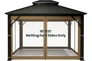 OLILAWN Gazebo Universal Replacement Mosquito Netting, 10' x 12' Outdoor Canopy Net Screen 4-Panel Sidewall Curtain, with Zippers, Easy to Install, Fit for Most Gazebo 10x12 Canopy, Khaki