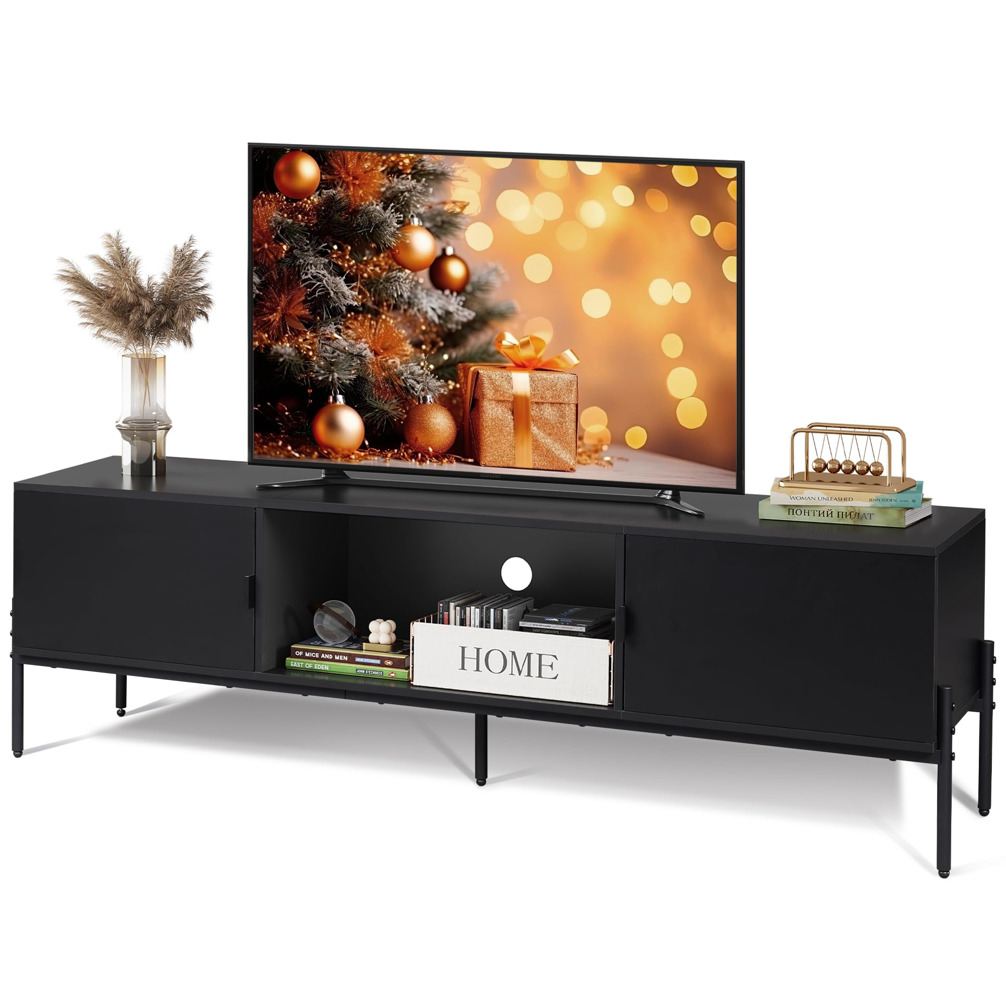 Photo 1 of WLIVE Modern TV Stand for 65 Inch TV, Mid Century Entainment Center with Storage, TV Console with Open Shelf and 2 Cabinets for Bedroom and Living Room, TV Cabinet with Metal Legs, Black