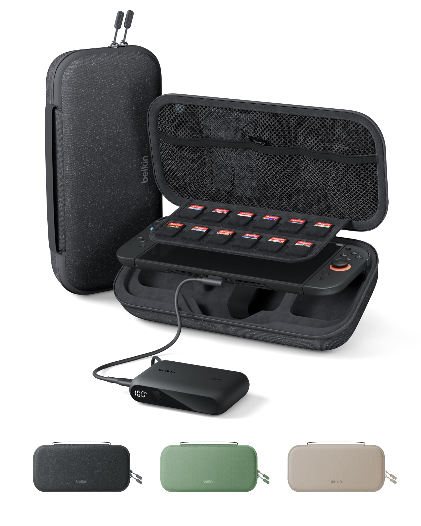 Belkin Nintendo Switch 2 Case w/Integrated 10,000mAh Power Bank Charger, Portable Hard Shell Protective Carrying Case with Pockets for AirTag, Game Cartridges for Travel - Charcoal
