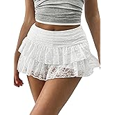 Ammiko Women's Lace Mini Skirt with Shorts Sexy Layered Ruffle Skirts Mesh Short Skirts A Line Hight Waist Skirt Skort