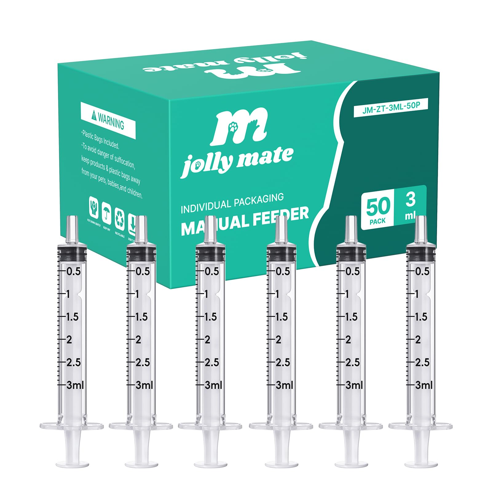 Photo 1 of JollyMate 50 Pack 3ml Syringes for Liquid, 3cc Oral Syringes without Needle with Cap Individually Wrapped for Pet Feeding, Scientific Labs, Measuring Liquids, Oil & Glue Dispenser