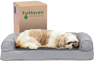 Furhaven Cooling Gel Dog Bed for Medium/Small Dogs w/ Removable Bolsters & Washable Cover, For Dogs Up to 35 lbs - Plush & Suede Sofa - Gray, Medium