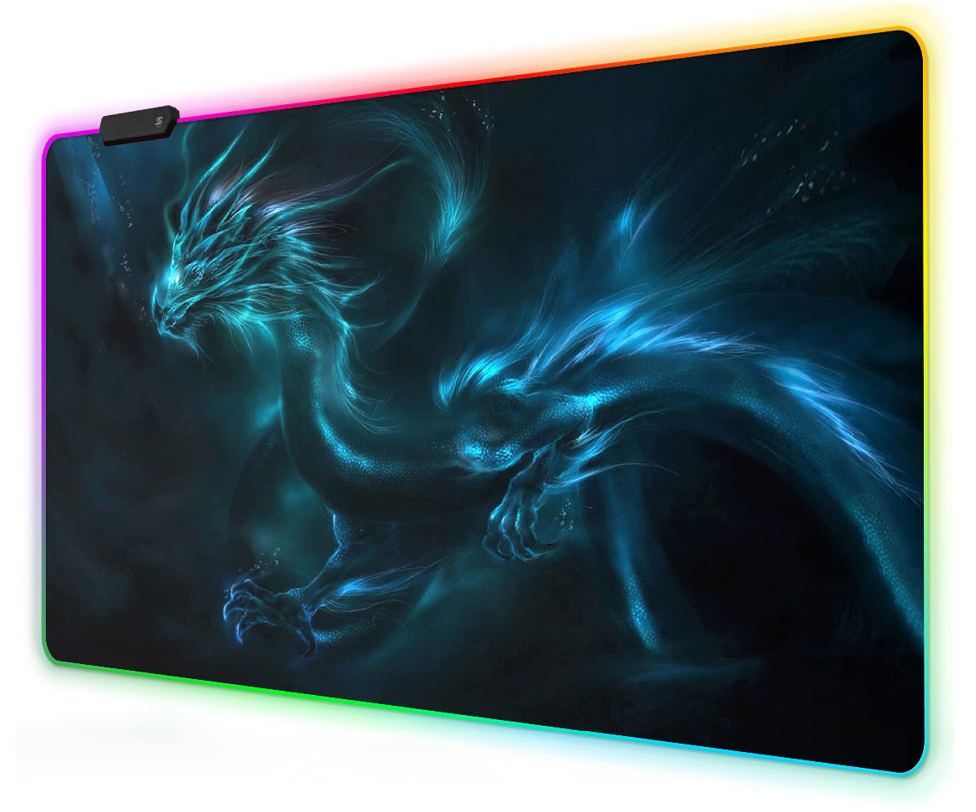 Meffort Inc RGB Gaming Mouse Pad - Large LED Gaming Mouse Mat with Custom Design Stitched Edges (23.6 x 13.7 Inch, Blue Dragon)