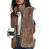 Rapbin Vests for Women Lightweight Stand Collar Sherpa Fuzzy Fleece Vest Buttoned Sleeveless Jackets with 3 Pockets