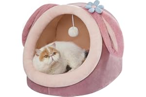 Jiupety Cute Cat Bed for Indoor Cat, Lovely Crystal Velvet Igloo for Cat, Rabbit Bed and Cat Bed Cave for Puppy and Kitten, Pink Rabbit, L.