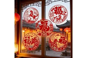 10 pcs Chinese Lunar New Year Window Clings, 2026 Year of the Horse Window Decals,Chinese Traditional Paper Cut PVC Clings,Re