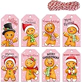 Doumeny 120Pcs Christmas Gingerbread Man Gift Tags Xmas Paper Tags with String Pink Merry Christmas Hanging Labels Winter Holiday Name Tag Stickers Christmas Label Present Sticker for Gift Wrapping