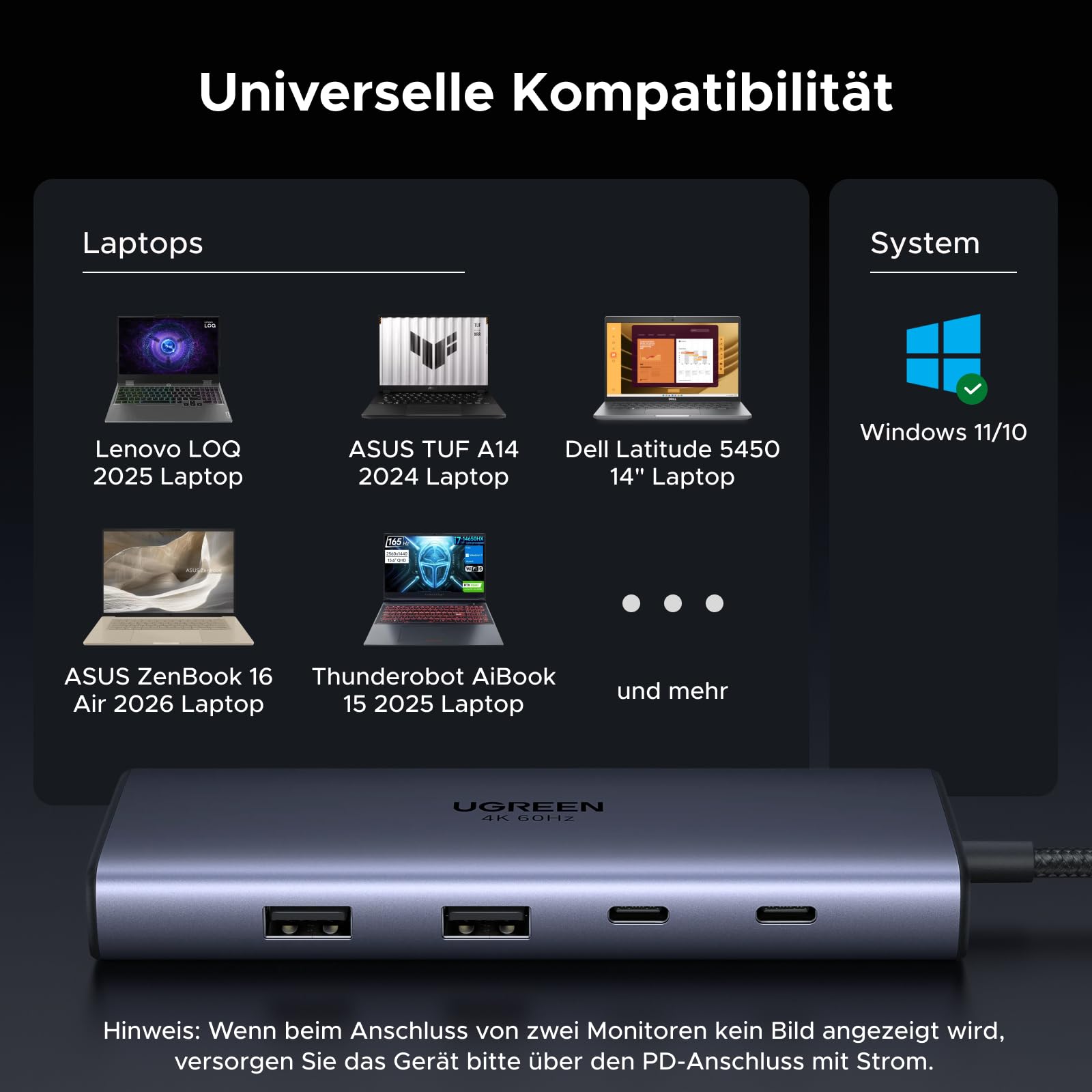 UGREEN Revodok USB C Hub 2 HDMI mit SD/TF Kartenleser 170MB/s, Docking Station 2 Monitore mit Dual HDMI 4K@60Hz, Kabellänge 40cm, 5Gbps USB Datenports, PD 100W Kompatibel mit Windows Laptops 8