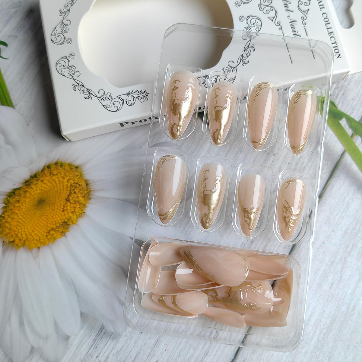 24Pcs French Press on Nails Medium Almond Fake Nails with 3D Gold Stamping Designs Artificial Stick on Nails Irregular Metal Lines French Tip Nails Glue on Nails Luxury Stiletto False Nails for Women - Image 2