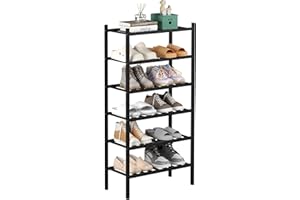 RONGJIA Small Shoe Rack, Bamboo Shoe Rack for Entryway, Stackable | 6-Tier Shoe Organizer for Hallway Closet, Free Standing Shoe Racks for Indoor/Outdoor（Black） 10.7" D x 18.1" W x 35" H