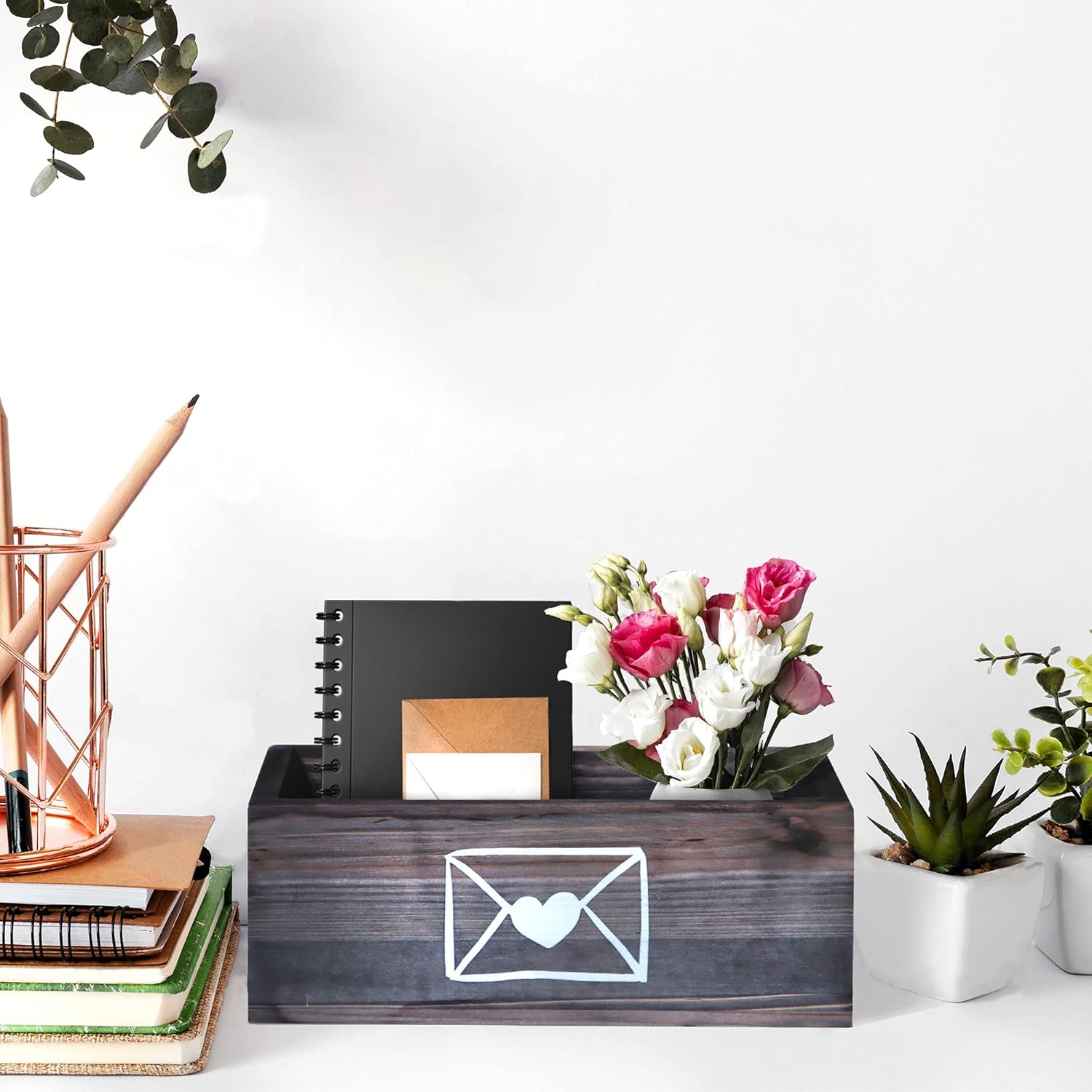 Wooden Mail Organizer Letter Holder Box - Rustic Mail Holder for Countertop, Bill Coupon Envelope Storage Mail Basket for Home Office Decor, Farmhouse Desk Organizer Mail Sorter (Grey) : Office Products