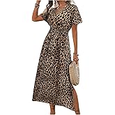 OYOANGLE Women's Leopard Print Short Sleeve Ruffle Long Dress Shirred Waist High Slit Flowy Cheetah Dresses
