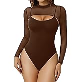 Avidlove Womens Long Sleeve Bodysuits Mock Turtle Neck Shapewear Bodysuit Sexy Mesh Bodysuit Two Piece Outfit Cami Tops