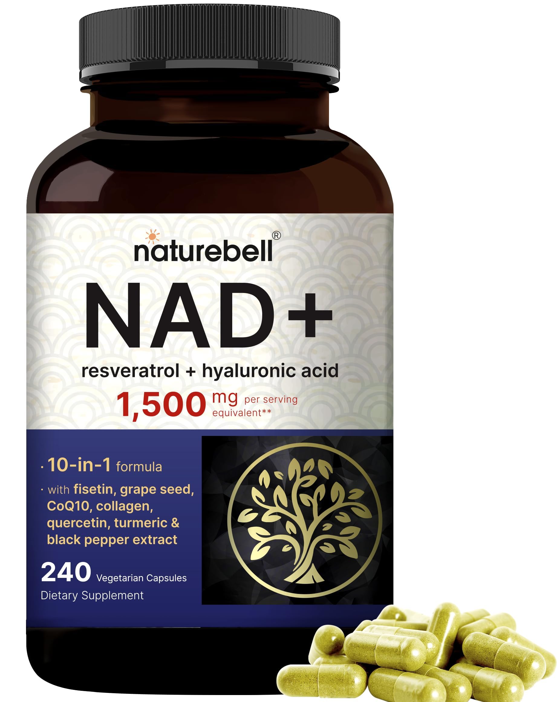 NatureBell NAD+ 1,500mg Per Serving, 240 Veggie Capsules | NMN Supplement Alternative | 10-in-1 Complex with Resveratrol Plus Hyaluronic Acid, Quercetin, Fisetin, Collagen, & More – Non-GMO