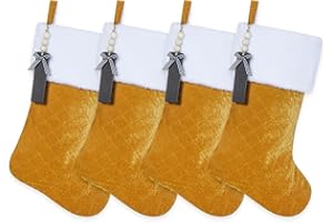 Shgngle Gold Velvet Quilted Personalized Christmas Stocking,19.5 Inch Fireplace Hanging Stockings with Blank Wooden Tags DIY Name,Family Holiday Decorations and Xmas Gift(Gold 4Pcs)