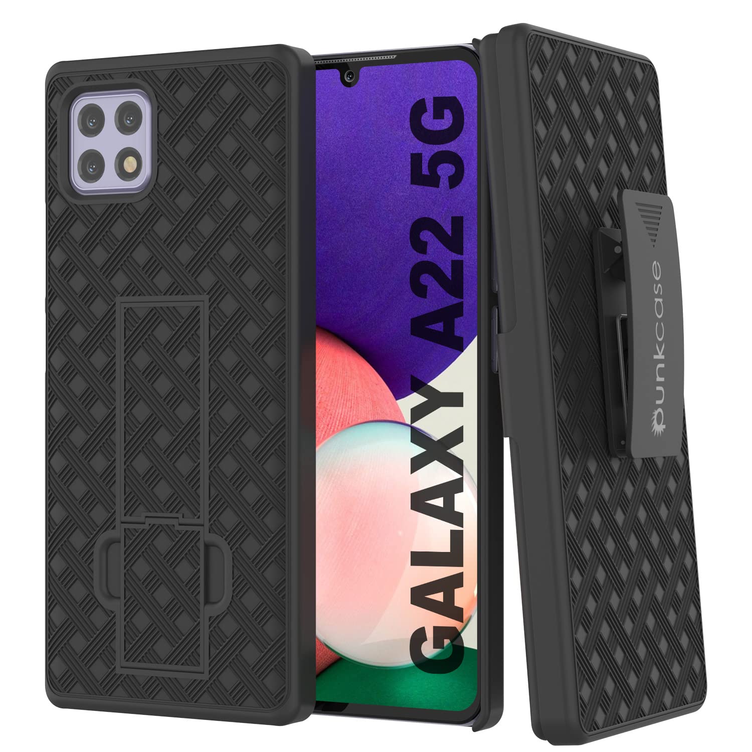 PunkCase Galaxy A22 5G Holster Belt Clip Case W/Screen Protector & Built-in Kickstand | Dual Layer Hybrid TPU 360 Full Body Protection [Thin Fit] for Galaxy A22 5G (6.6") (2021) [Black]