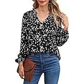 BLENCOT Women's Casual Boho Floral Print Chiffon Blouses Smocked V Neck Long Sleeve Loose Tops Shirts