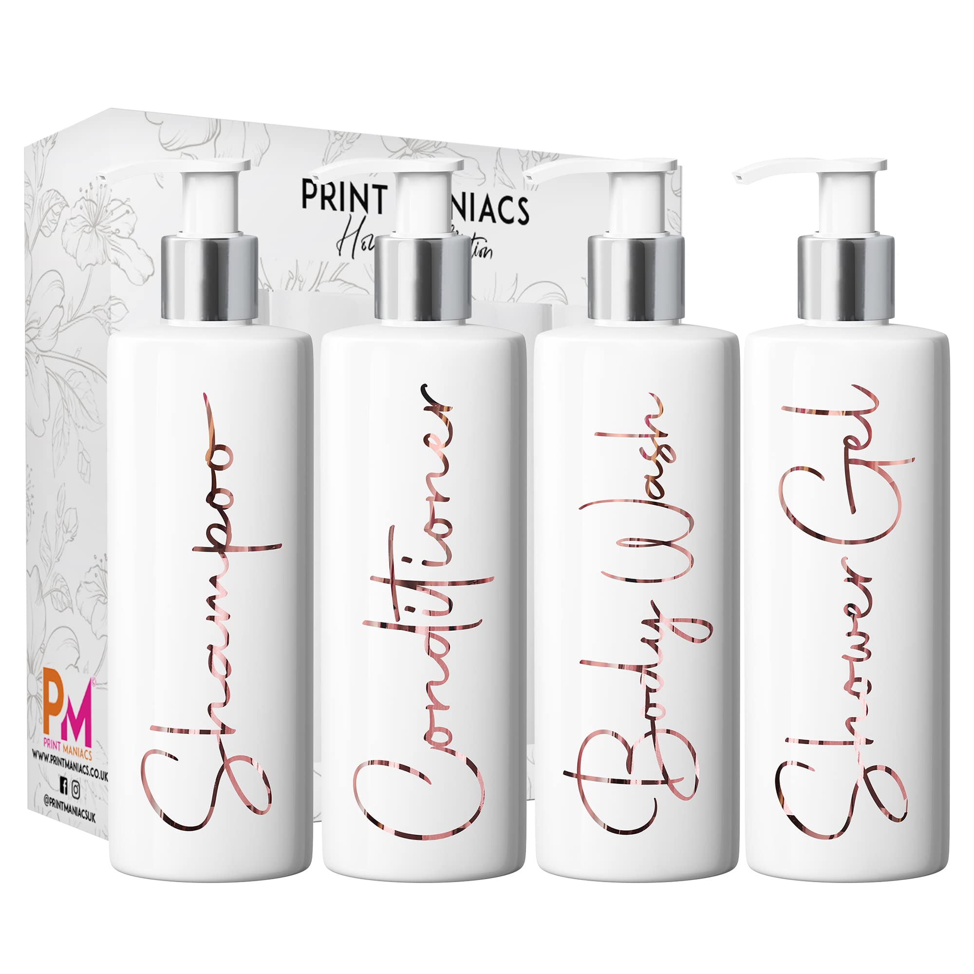 Print Maniacs White Mrs Hinch Inspired Personalised 500ml Pump Bottles Bathroom Lotion Kitchen Set Shampoo Conditioner ( Shower Gel Set, F2 ) (Rose Gold)