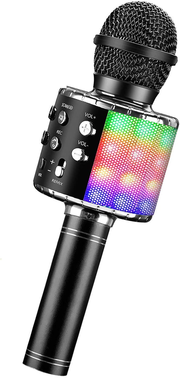 Karaoke Microphone, ShinePick 4 in 1 Wireless Bluetooth Microphone, Dancing LED Lights Portable Speaker Karaoke Machine, Home KTV with Record Function, Compatible with Android iOS Devices (Black)