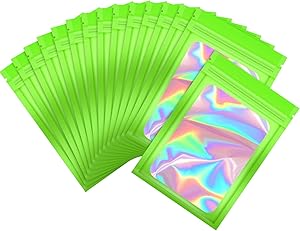 100 Pieces Smell Proof Mylar Bags Resealable Odor Proof Bags Holographic Packaging Pouch Bag with Clear Window for Food Storage Gloss Eyelash Jewelry Electronics Storage (Green, 3 x 4.7 Inch)