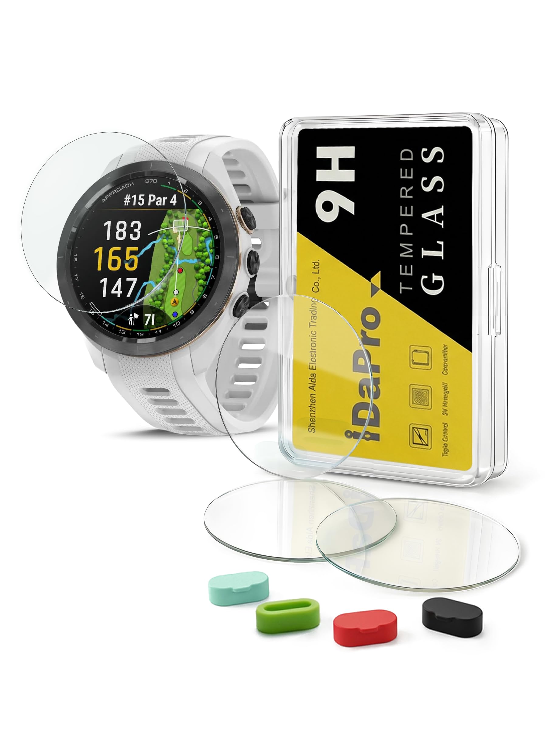 iDaPro [4 Pack] Screen Protector for Garmin Approach S70 42mm GPS Golf Watch + Silicone Anti-dust Plugs Tempered Glass Anti-Scratch Bubble-Free Easy Installation