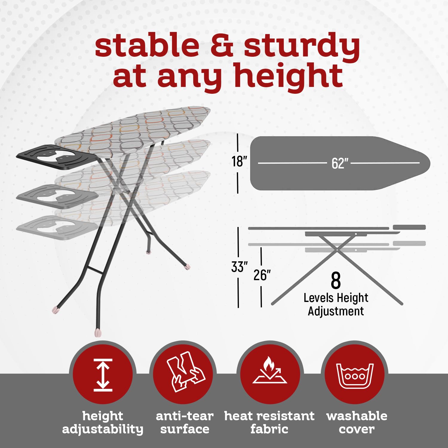 Perilla Big Ironing Board - Durable, Vapor Permeable, and Height Adjustable Iron Board- Heat Resistant Fabric - Metal 4 Legs with Silicone Stoppers - 38 X 110 CM Ironing Surface