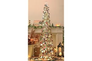 SINTENILL 6 FT Pop Up Christmas Tree with 100 LED Timer Lights & Remote, Silver Collapsible Christmas Tinsel Tree Artificial 