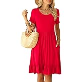 LILBETTER Round Neck Knee Length Dress for Women with Pockets Casual Summer Short Sleeve Pleated Ruffle Hem Short Dress