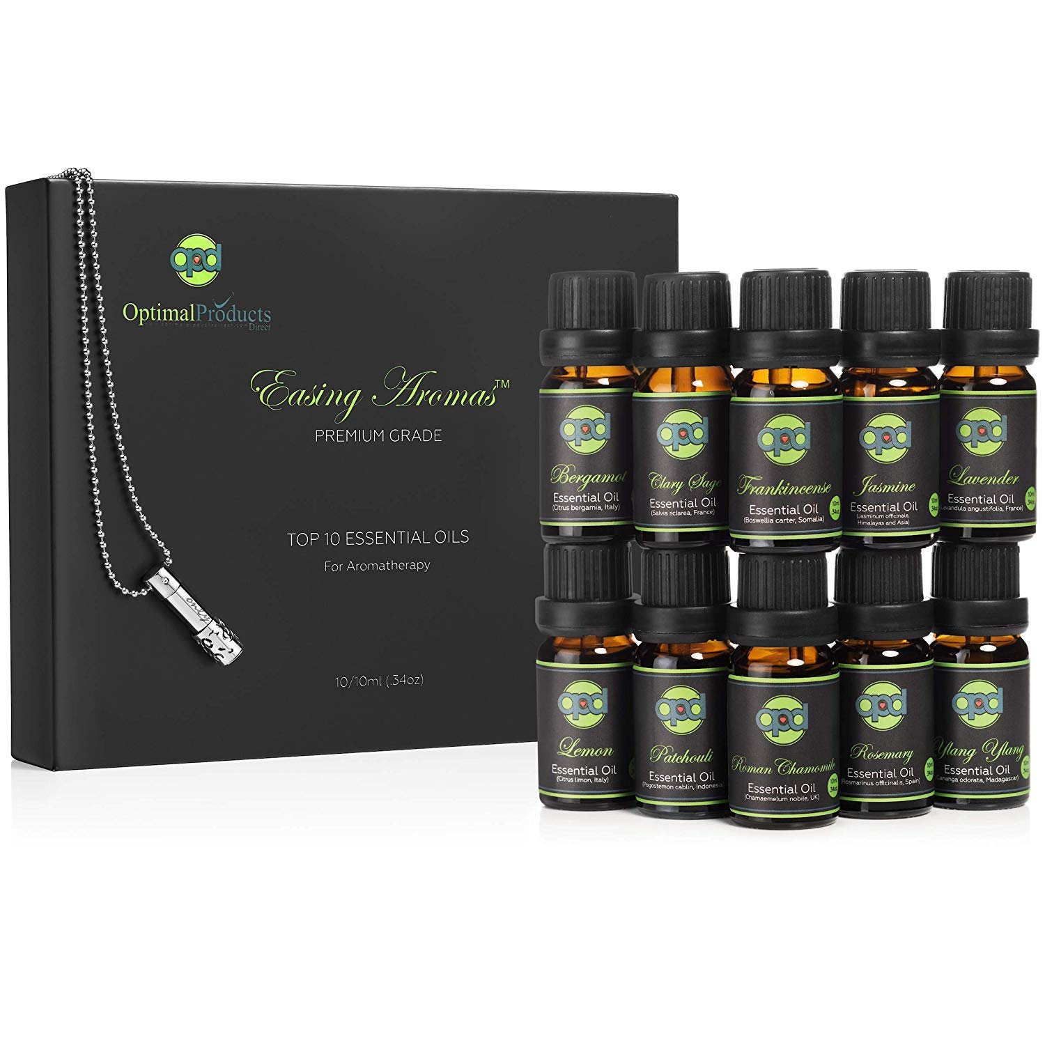 Easing Aromas 100% Pure Premium Grade Essential Oils Kit with Personal Necklace Pendant for Aromatherapy to Relieve Effects of Stress and Anxiety