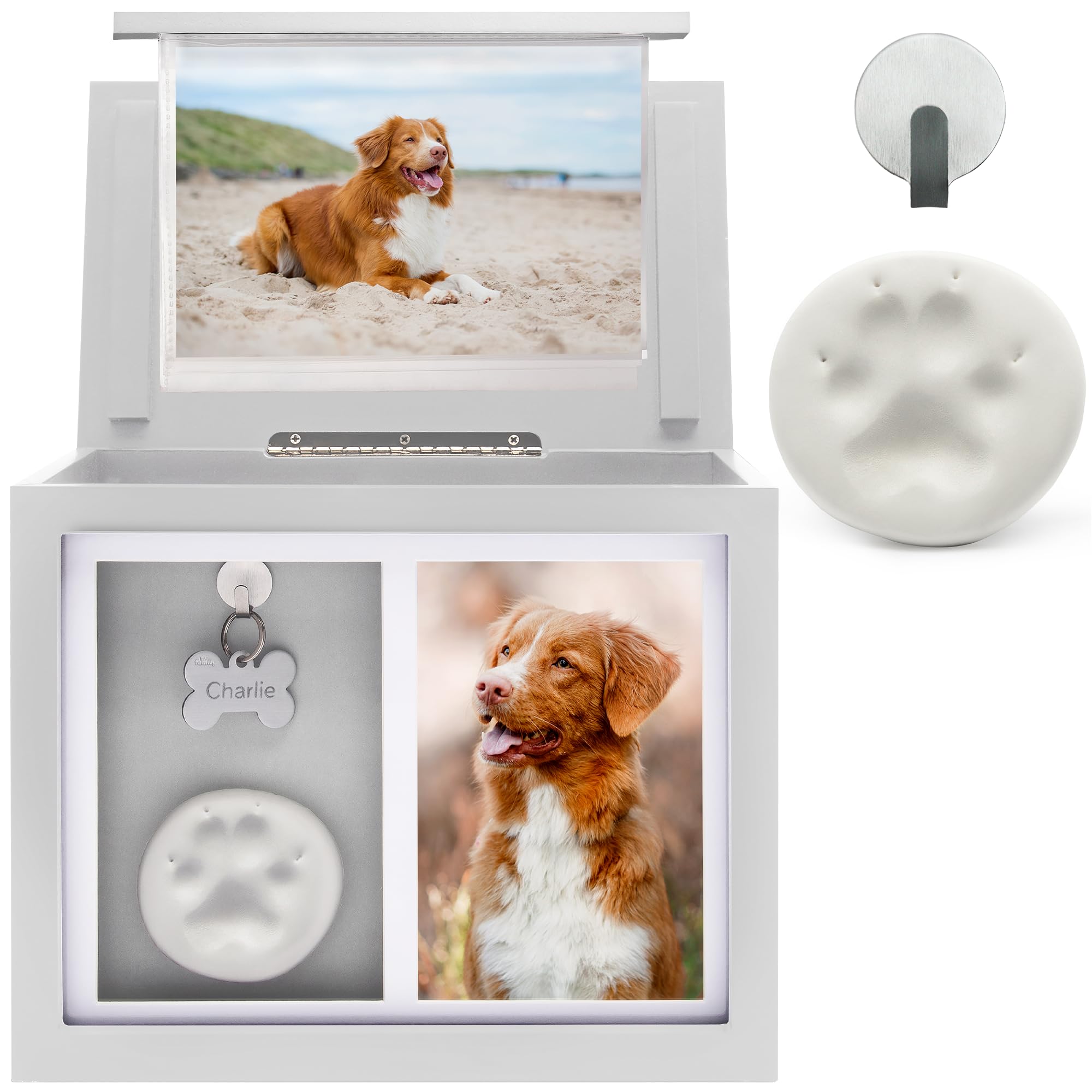 Chasing Tails Premium White Pet Urn - Large Memorial Dog Ashes for Keepsake, Urns for Dogs or Cats, Pet Urns for Memorial - with Paw Print and Photo Album