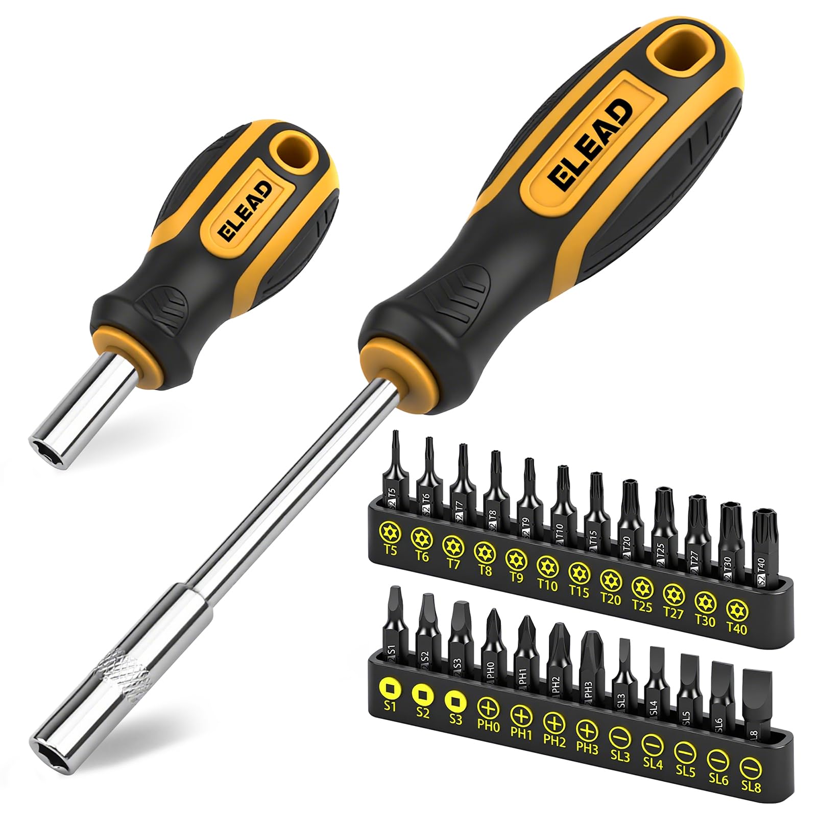 Photo 1 of 26-Piece Magnetic Security Torx Screwdriver Bit Set - 1/4 inch Magnetic Bit Driver, T5-T40, Ergonomic Cushion Grip 95mm & 210mm Handles, Torx, Square, Phillips, Slotted Bits