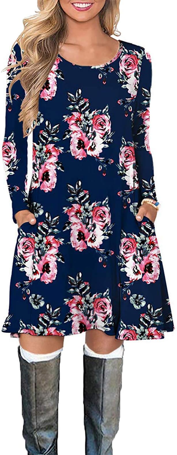VOGRACE Women's Casual T Shirt Dresses Long Sleeve Swing Dress with Pockets