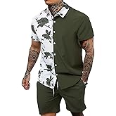 OYOANGLE Men's 2 Piece Vacation Outfits Tropical Hawaiian Button Down Shirt and Shorts Set