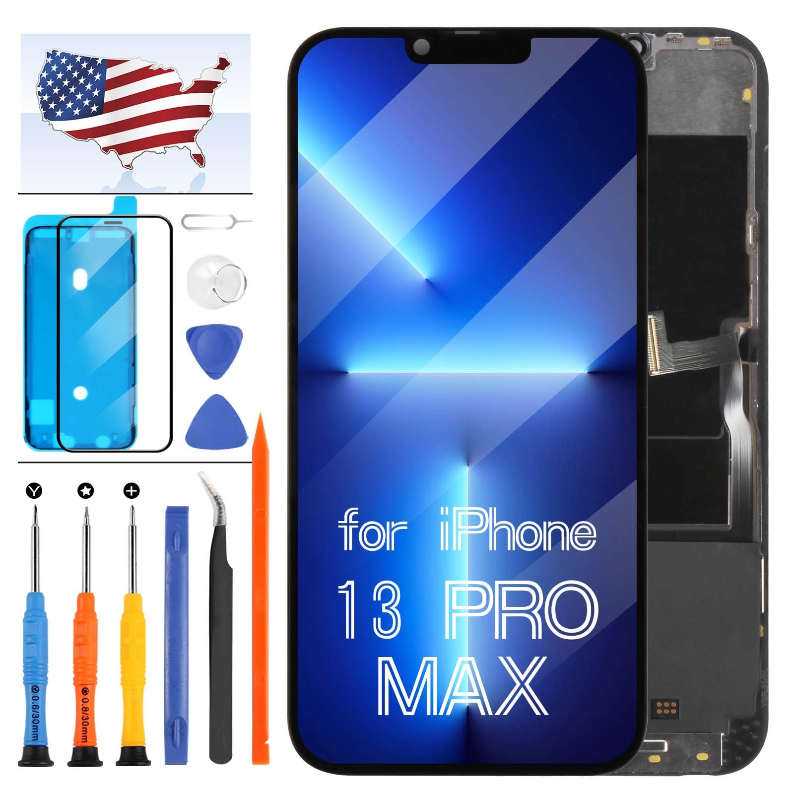 Photo 1 of for iPhone 13 Pro Max LCD Screen Replacement 6.7 inch for iPhone 13 Pro Max A2643, A2484, A2641, A2644, A2645 Touch LCD Display Digitizer Touch Screen Assembly with Tools and Tempered Glass