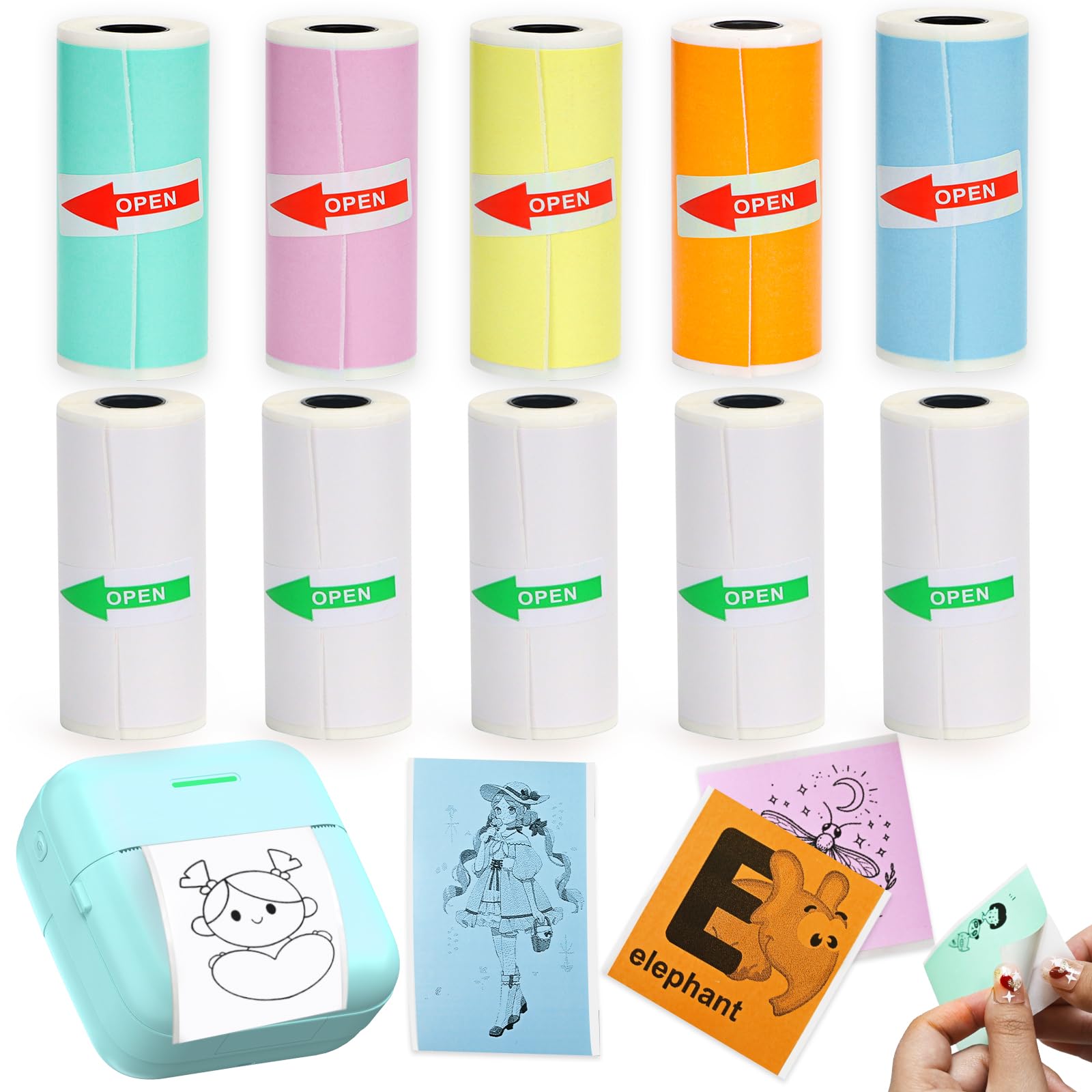 Photo 1 of 10 Rolls Thermal Sticker Paper for Most Mini Thermal Printers, 57mm x 25mm 5 Rolls White 5 Rolls Colorful Mini Printer Sticker Paper Rolls for Study Notes Photos Journals Memo Lists