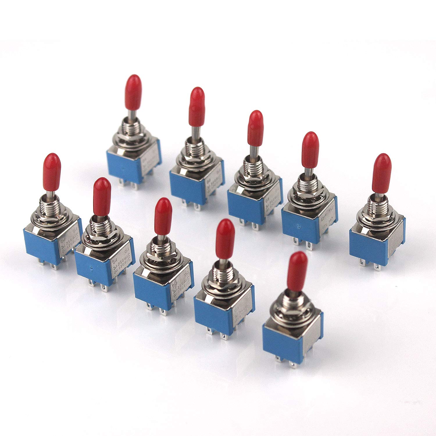 Ytian 10Pcs DPDT Toggle Switches, 6-Pin 2 Position ON-ON, AC 250V/3A 120V/6A, Miniature Switches with Red Plastic Cap, Panel Mount, Screw Terminal, Silver Contact Resistance