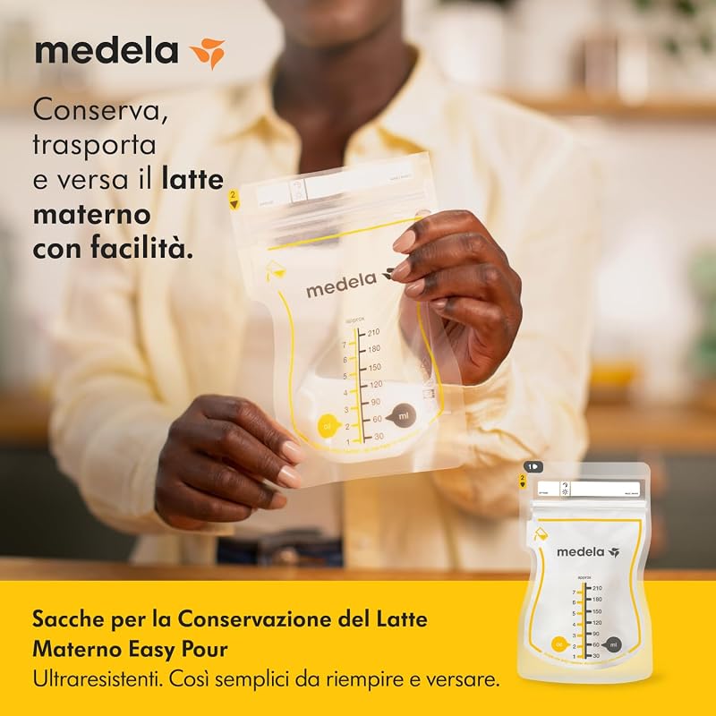 Sacche Monouso Easy Pour per la Conservazione del Latte Materno, Capacità 210 ml, Design a Prova di Perdite con Protezione del Latte, Senza BPA, Confezione da 100 Pezzi